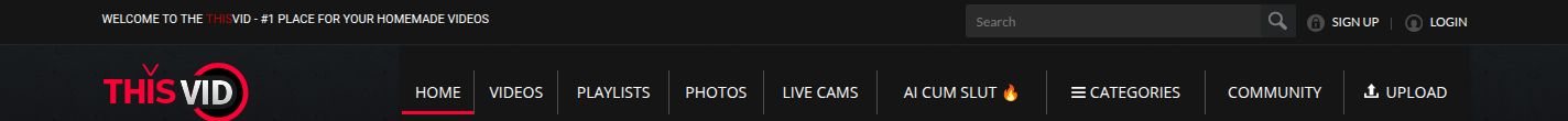Barre de navigation de thisvid.com : Home, Videos, Playlists, Photos, Live Cams, Categories, Community, Upload